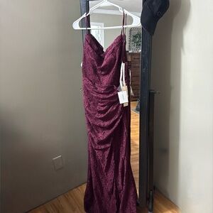 David’s Bridal Long Spaghetti Strap Cowl Neck with Lace Overlay Dress